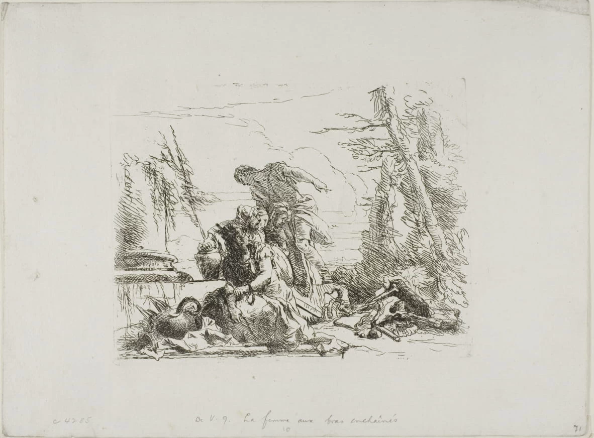 Una donna con le braccia in catene e altre quattro figure, da Capricci - Art Institute of Chicago